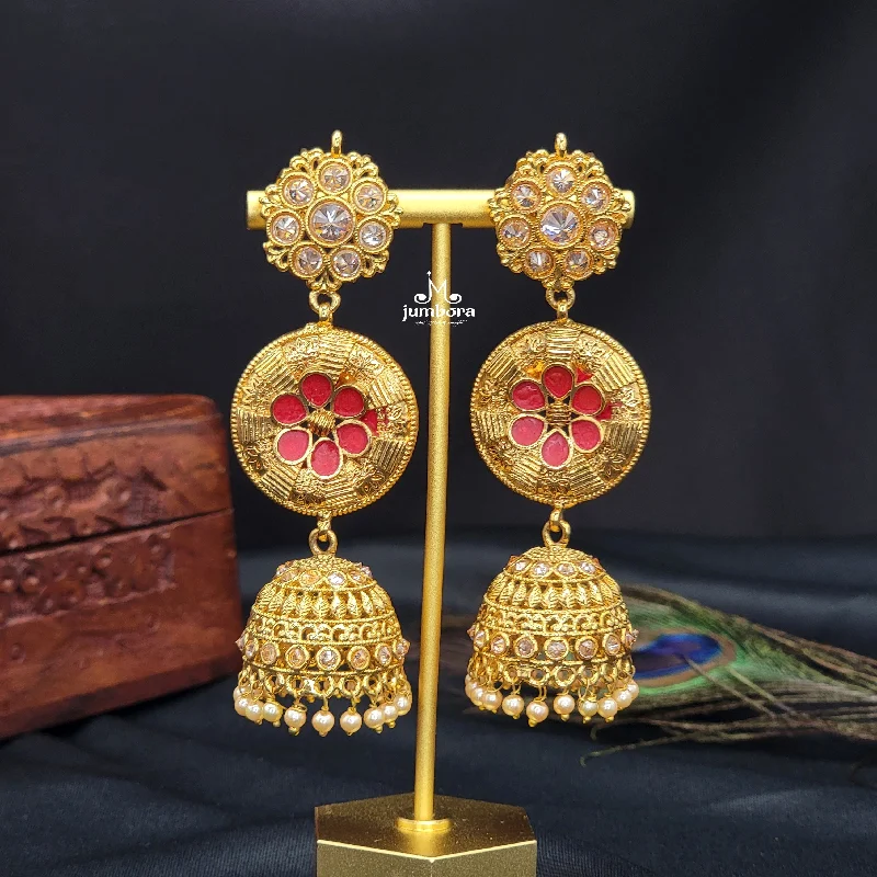 women's earrings with sterling silver -Statement Long Partywear Gold Finish Jhumka Earrings