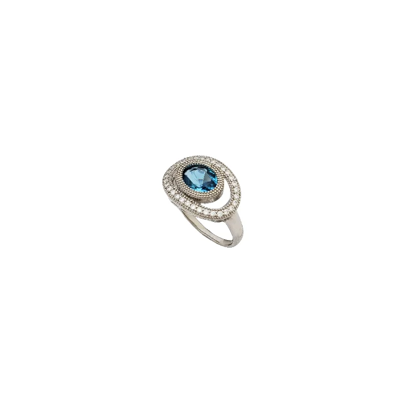 women's rings with twist band -Halo Bezel Set Blue Stone Ring (SILVER