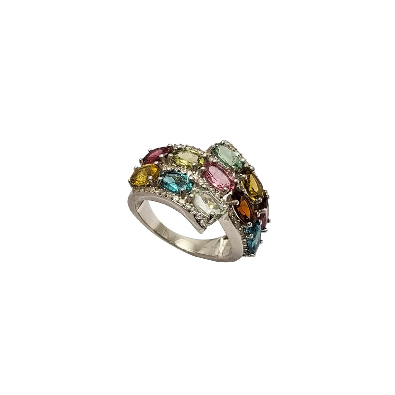 women's rings with three-stone setting -Multicolor Gemstone Bypass Ring (Silver)