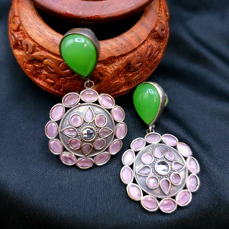 women's earrings with pave diamond -Green and Pastel Pink Stone Oxidized German Silver Earrings