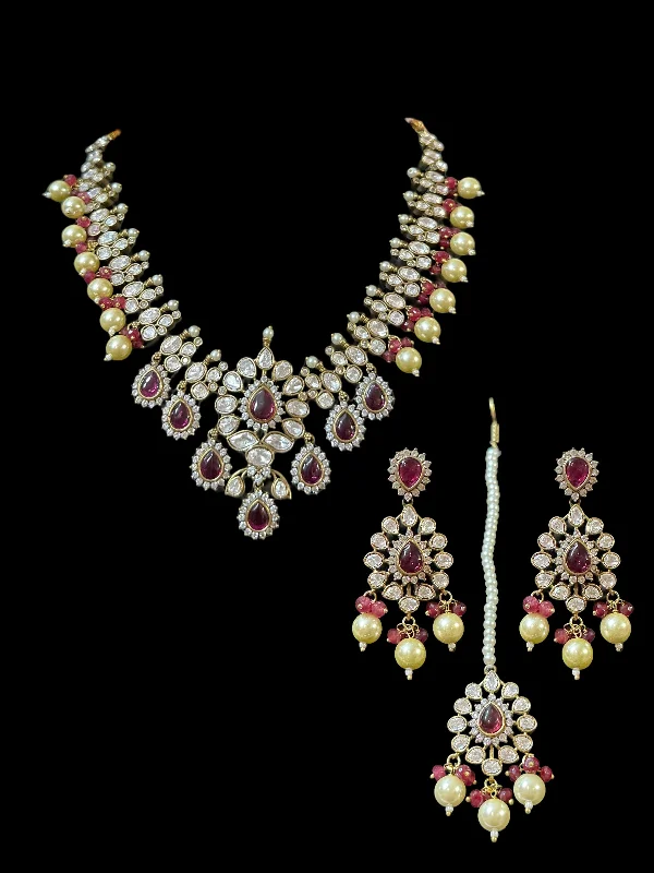 women's necklaces with aquamarine -BR201 High quality Polki necklace set with tika - ruby ( READY TO SHIP )