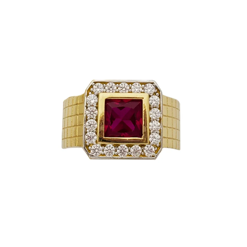 women's rings with side stones -Square Bezel Red Stone Halo Ring (10K)