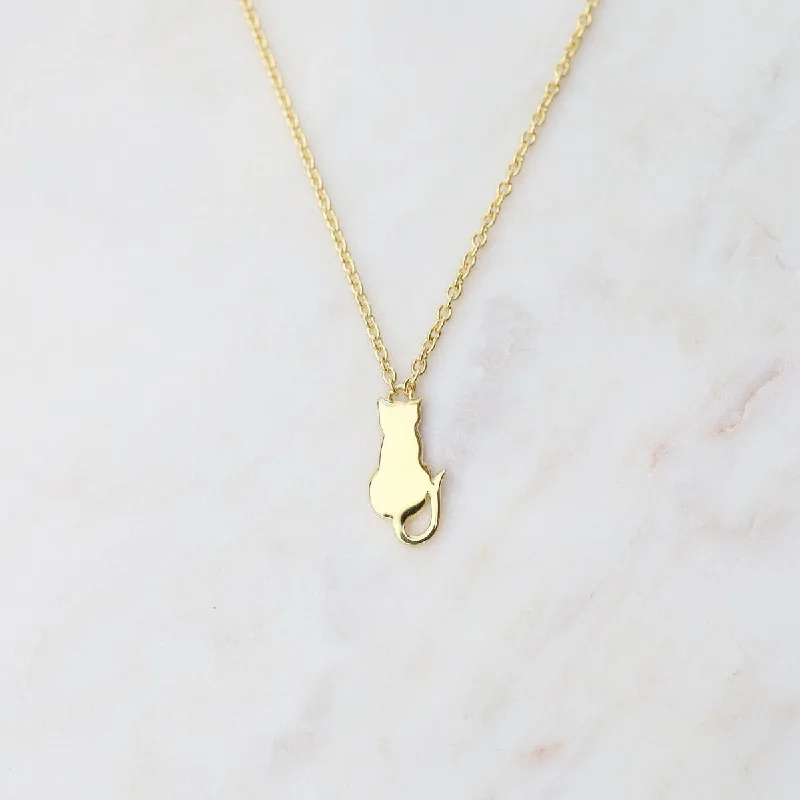 women's necklaces with herringbone chain -Sitting Cat Necklace - Gold Vermeil