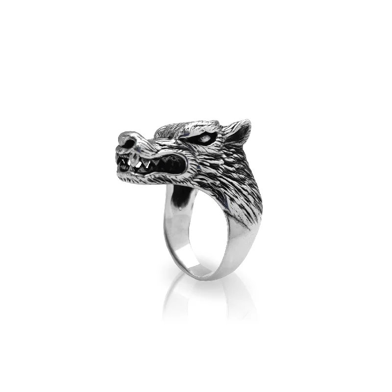 women's rings silver -Antique-Finish Wolf Head Ring (Silver)