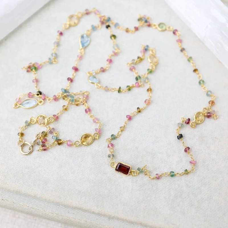 women's necklaces with celestial design -Long Multi Tourmaline Bead Necklace with Bezel Stations