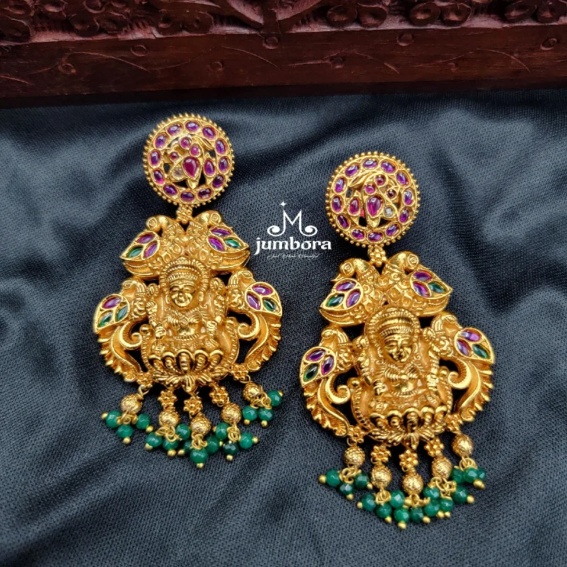 women's earrings with hoop design -Nakshi Lakshmi Gold Alike Earrings in Temple Jewelry