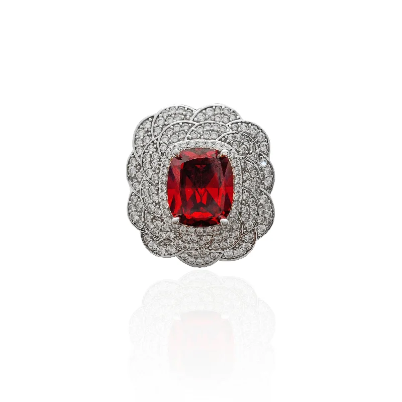 women's rings with pear-cut gemstone -Flower Red Center Stone CZ Ring (Silver).