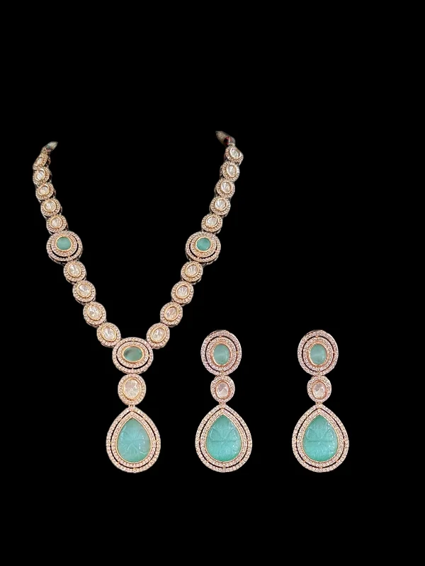 women's necklaces with chunky look -DNS54 Reema high quality Polki necklace set - mint blue  ( READY TO SHIP )