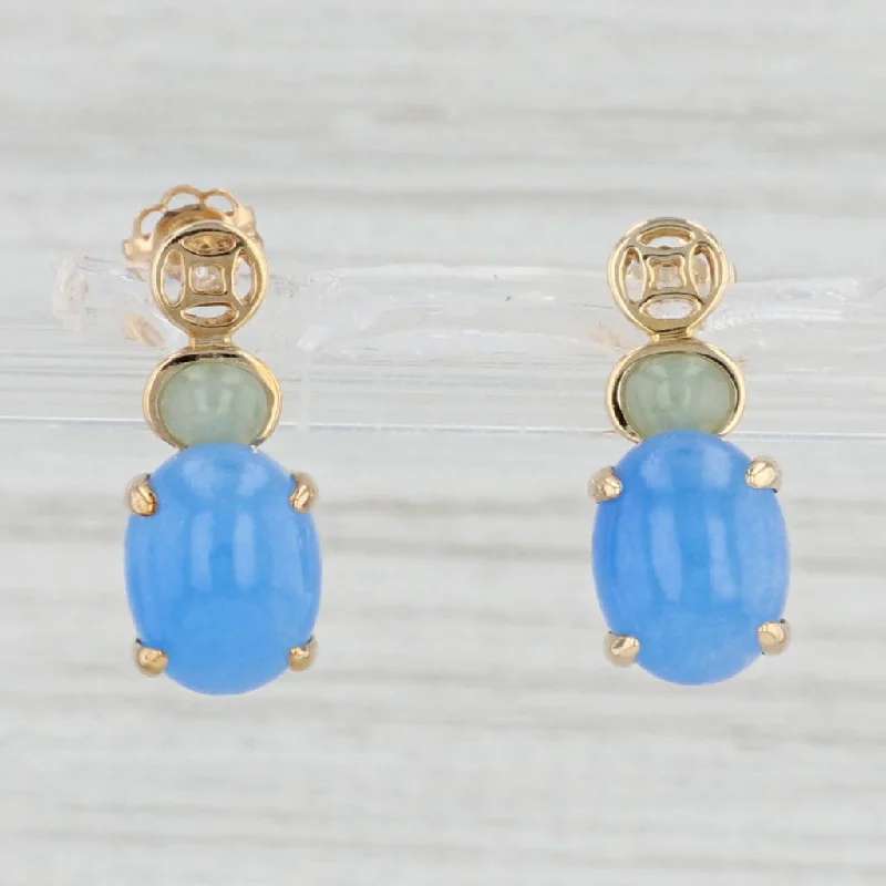 women's earrings with mixed metals -Blue Green Jadeite Jade Drop Earrings 14k Yellow Gold Oval Cabochons