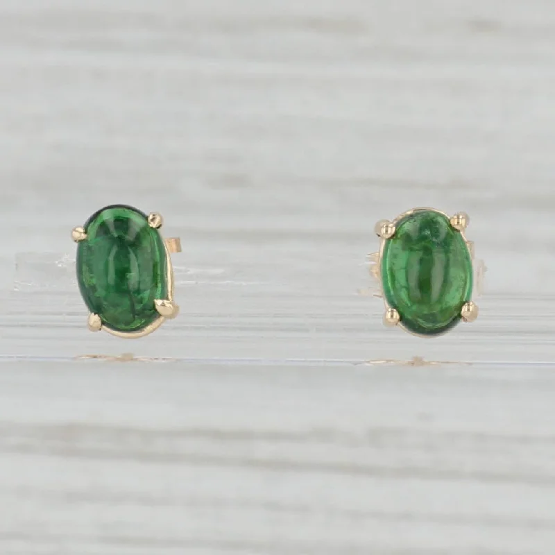 women's earrings with sapphire -Green Tsavorite Garnet Stud Earrings 14k Yellow Gold Oval Cabochon Studs