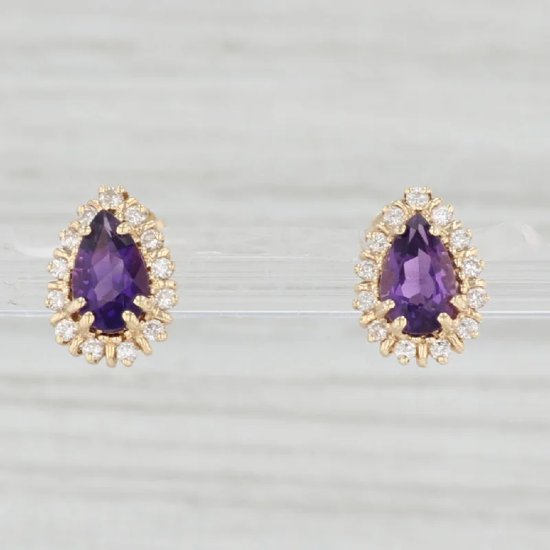 women's earrings with aquamarine -1.85ctw Pear Amethyst Diamond Halo Teardrop Stud Earrings 14k Yellow Gold