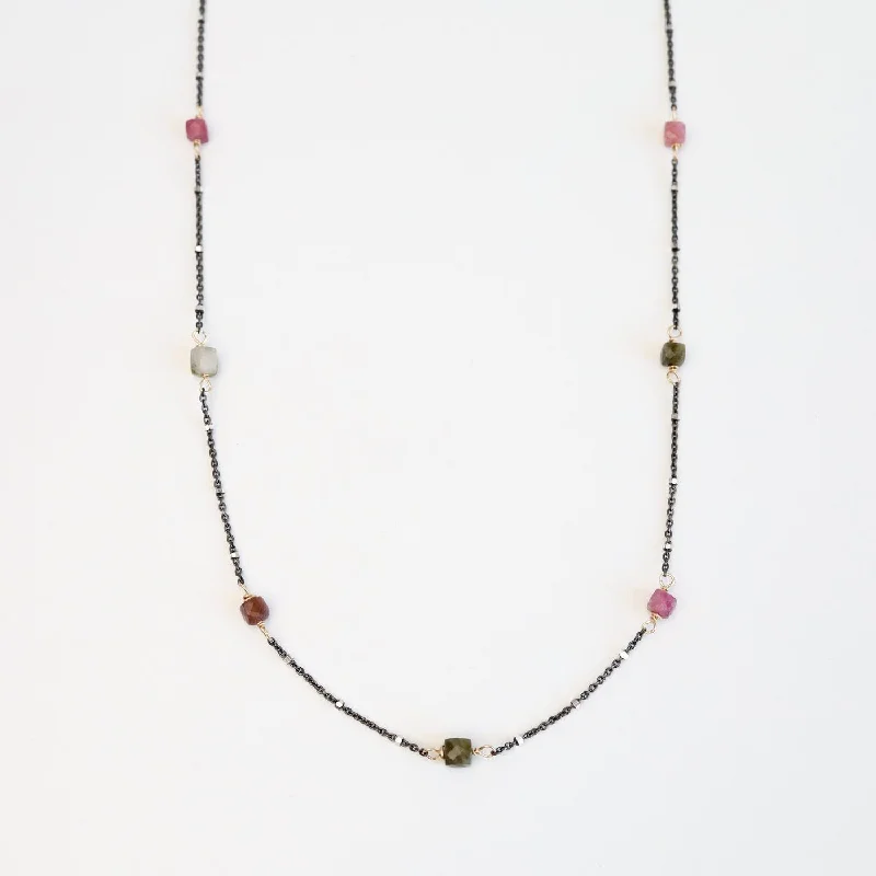 women's necklaces with elegant gemstones -Watermelon Tourmaline Cube Station Necklace