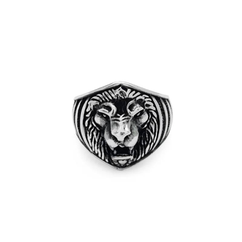 women's rings with heart shape -Antique Finish Lion Head Ring (Silver)