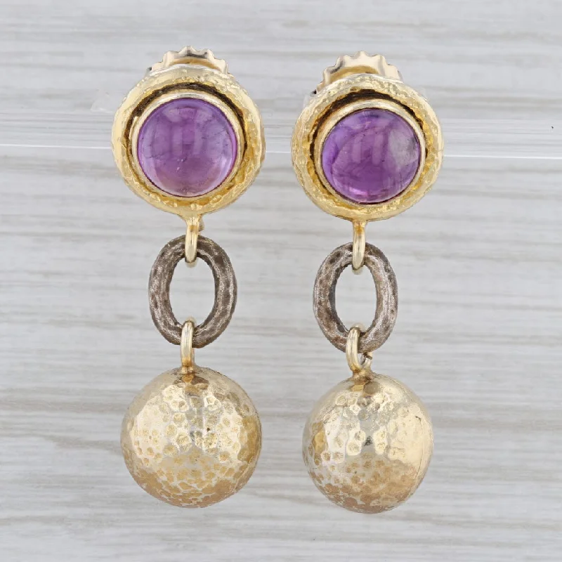 women's earrings with colorful gemstones -Round Cabochon Amethyst Dangle Earrings Hammered Gold Plated Sterling Silver