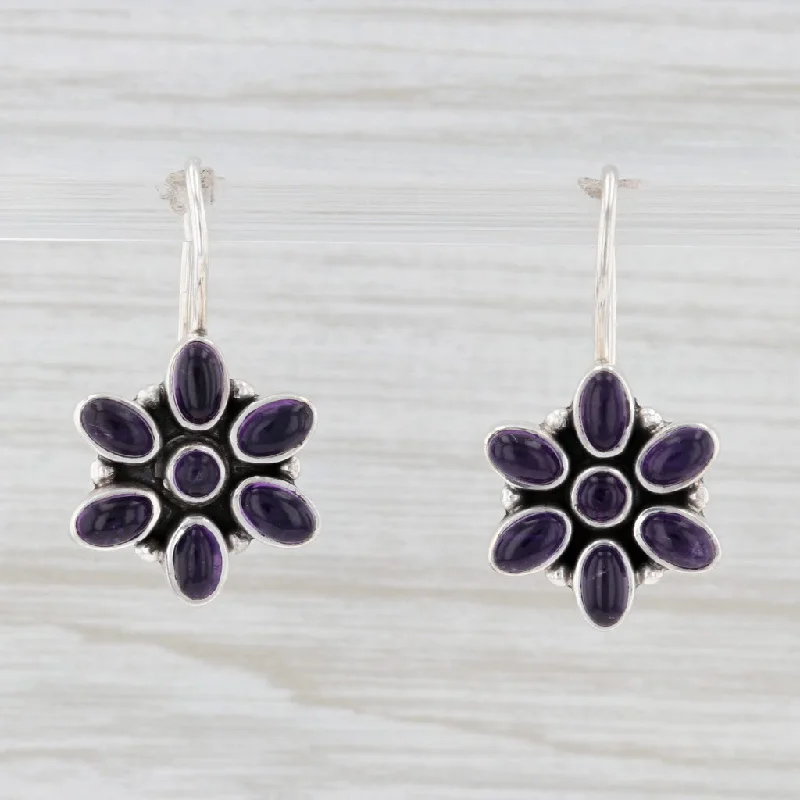 women's earrings with pearl -Amethyst Flower Earrings Sterling Silver Floral Purple Gemstone Hook Post