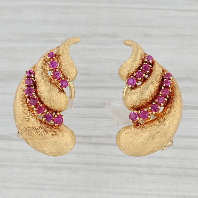 women's earrings with gemstone halo -1ctw Ruby Conch Shell Drop Earrings 18k Yellow Gold Clip On Non Pierced