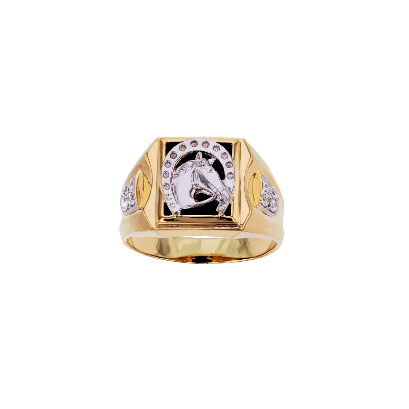 women's rings with rose gold band -Two-Tone Horseshoe & Horse Head Black Onyx Ring (14K)