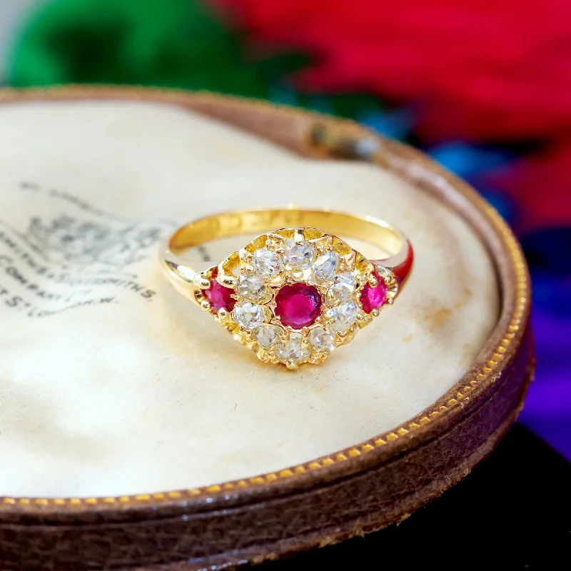 women's engagement rings with gemstone halo -Antique Date 1875 Ruby & Diamond Cluster Ring