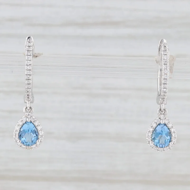 women's earrings with dangling style -New 0.51ctw Aquamarine Diamond Halo Teardrop Hoop Earrings 14k Gold Hinged