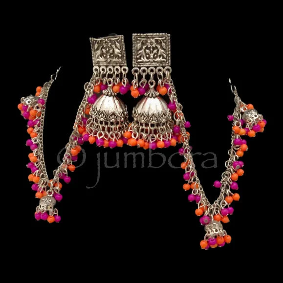 women's earrings with leverback closure -Multicolor Oxidized Silver Jhumka Earrings with Earchain