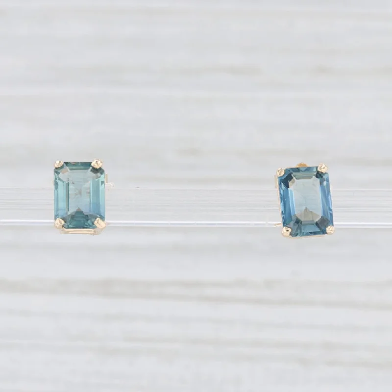 women's earrings with drop and hook -New Blue Sapphire Stud Earrings 14k Yellow Gold Emerald Cut Solitaire