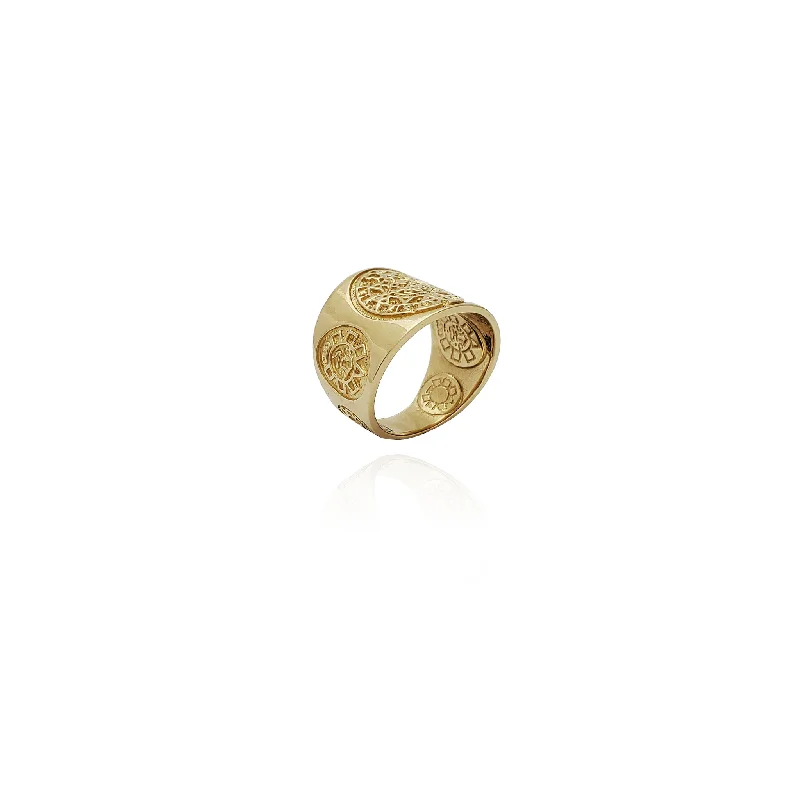 women's rings with split band -Aztec Sun Calendar Ring (14K)