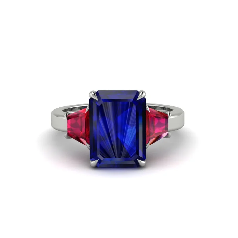 women's engagement rings with mixed gemstone -Sapphire Emerald Cut Three Stone Ring With Custom Baguette - Yvette No. 60