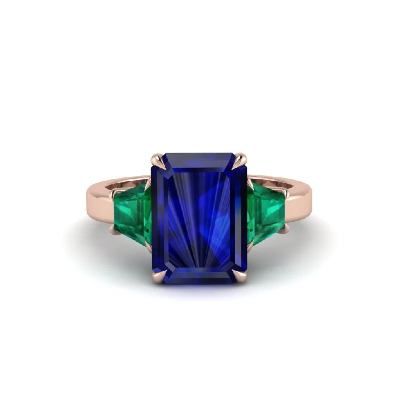 women's engagement rings with high setting -Sapphire Emerald Cut Three Stone Ring With Custom Baguette - Yvette No. 29