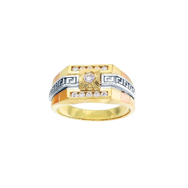 women's rings with layered look -Tri-Color Satin Finish Greek Key Ring (14K)