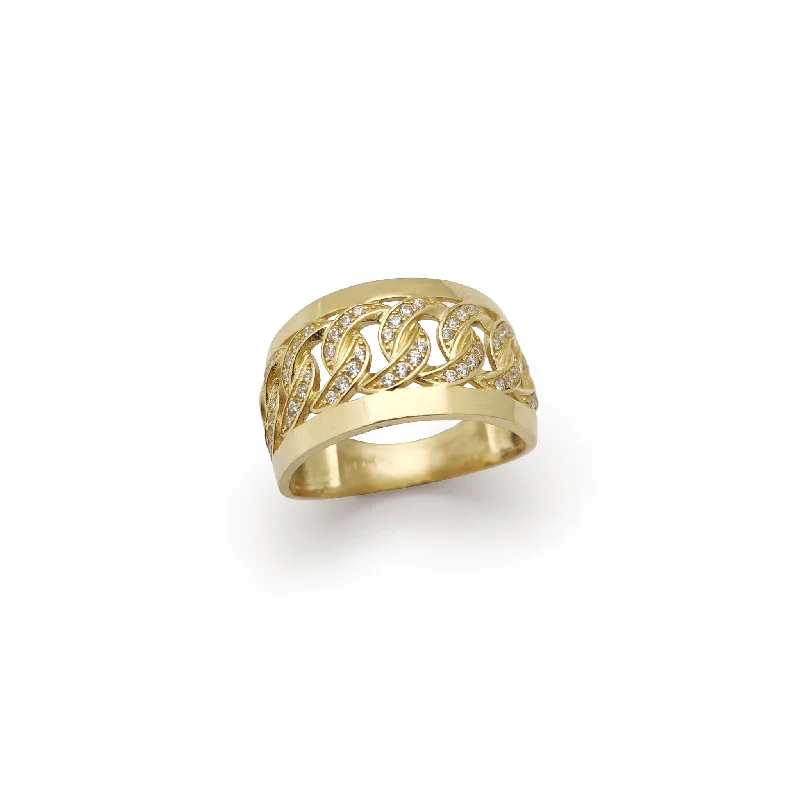 women's rings with twist band -Iced-Out Interposed Cuban Link Ring (14K)