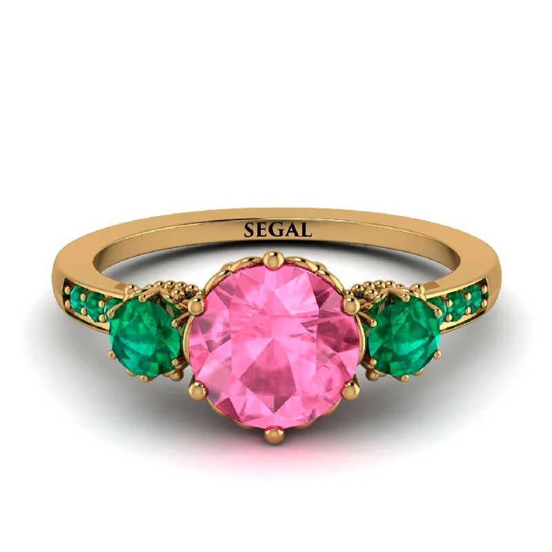 women's engagement rings with emerald -Vintage 3 Stones Pink Moissanite Ring With Micro Pave - Luna No. 804