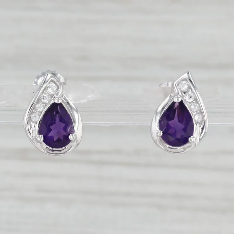 women's earrings with custom engraving -1.40ctw Amethyst White Topaz Teardrop Stud Earrings 10k White Gold