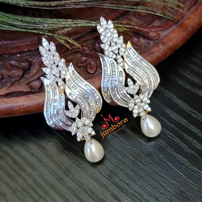 women's earrings with teardrop gemstone -Partywear Designer Pearl &  White AD Zircon Earrings