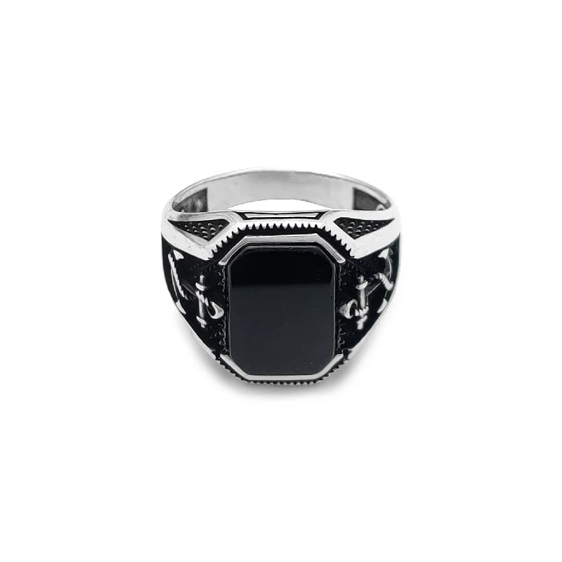 women's rings with boho chic design -Black Onyx Anchor Ring (Silver)