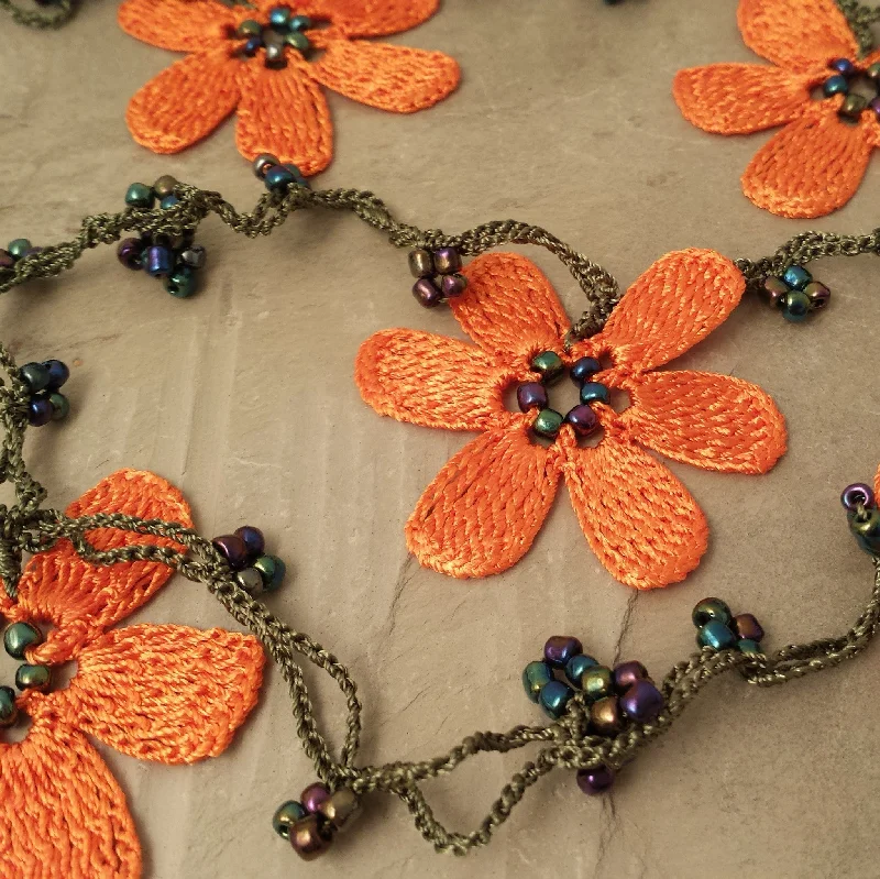 women's necklaces with multi-colored gemstones -Orange Crocheted Lariat Necklace