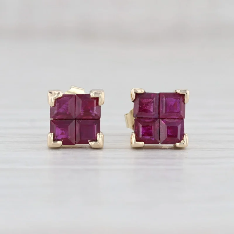 women's earrings with hammered finish -1.76ctw Ruby Square Princess Stud Earrings 14k Yellow Gold July Birthstone