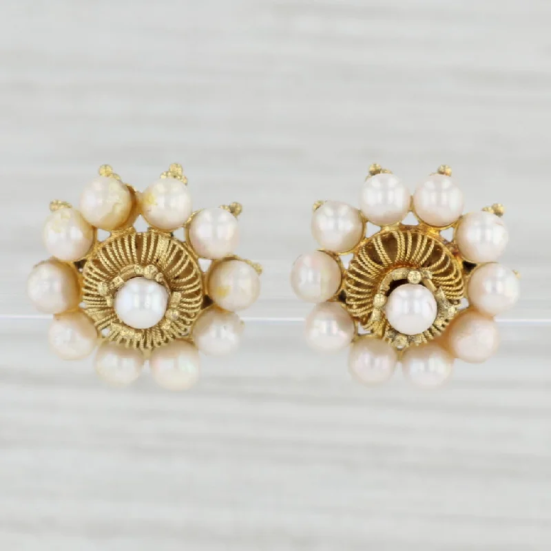 women's earrings with bold design -Vintage Cultured Pearl Cluster Statement Earrings 10k Yellow Gold