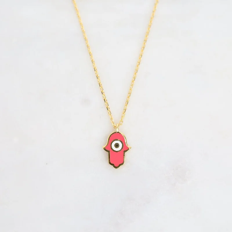 women's necklaces with double chain -Hamsa with Evil Eye Enamel Necklace - Pink