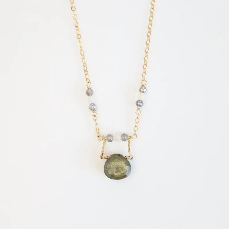 women's necklaces with wire wrap pendant -Gold Filled Drop Down Labradorite & Moonstone Necklace