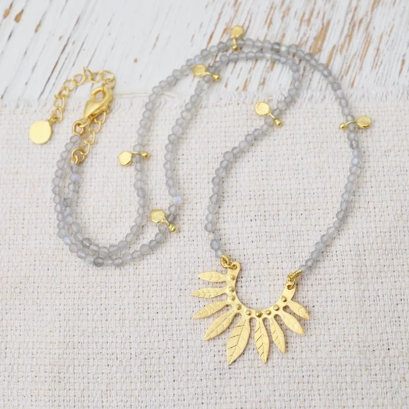 women's necklaces with adjustable length -Labradorite & Gold Fan of Textured Leaves Necklace