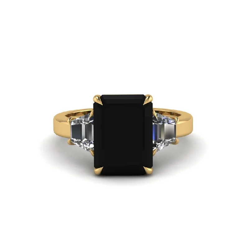 women's engagement rings with eternity band -Black Diamond Emerald Cut Three Stone Ring With Custom Baguette - Yvette No. 7