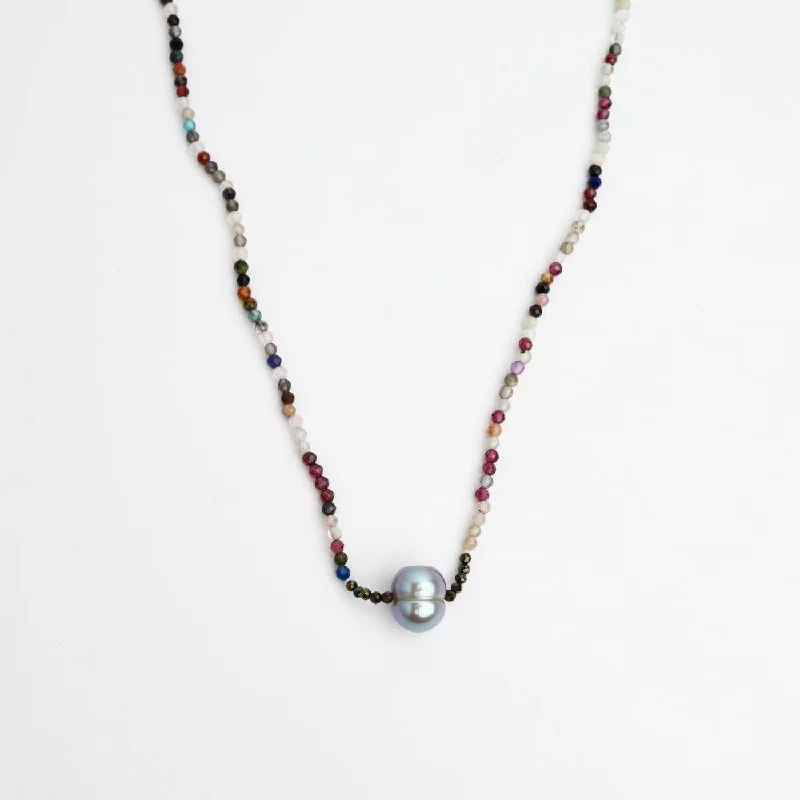 women's necklaces with floral design -Multi Stone with Grey Pearl Necklace