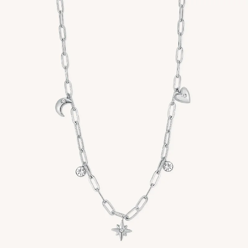 women's necklaces with emerald -Stainless Steel Link Chain Necklace with Moon, Star & Heart Charms & Crystals