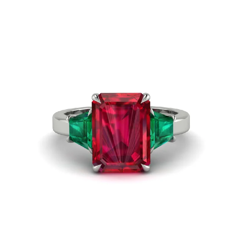 women's engagement rings with bold design -Ruby Emerald Cut Three Stone Ring With Custom Baguette - Yvette No. 27