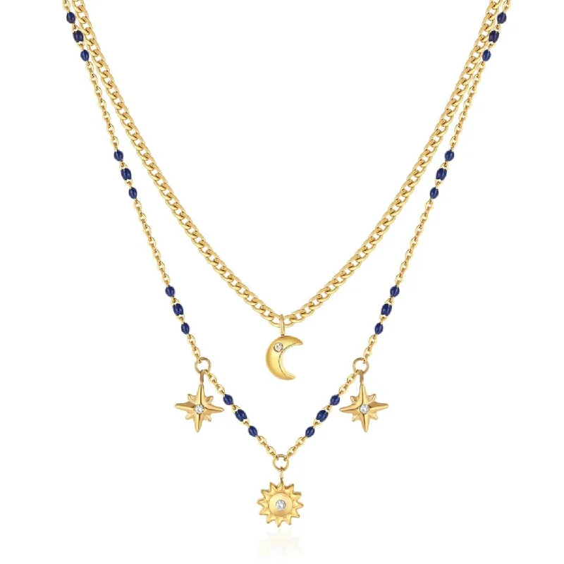 women's necklaces with cubic zirconia -Gold Finish Stainless Steel Double Chain Necklace with Blue Enamel & Charms