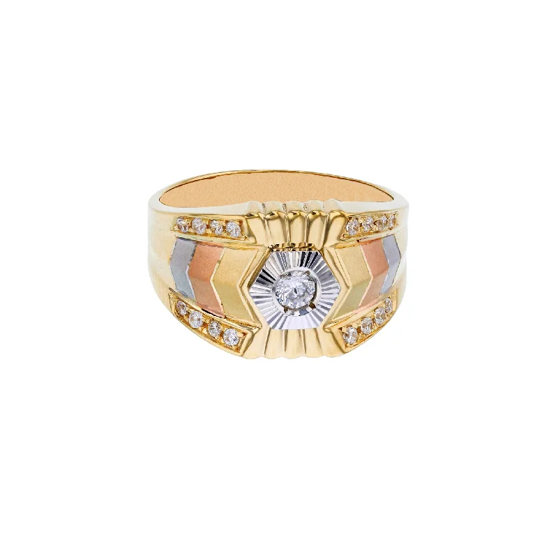 women's rings diamond -Tri-Color Hexagon Chevron Pave Men's Ring (14K)