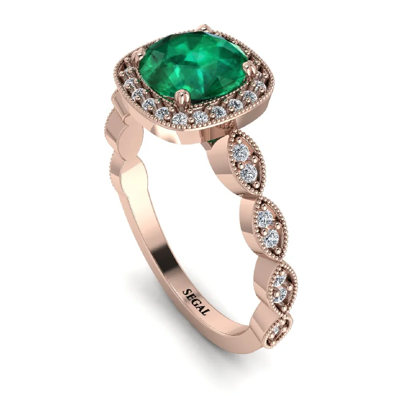 women's engagement rings with split shank -Vintage Inspired Emerald Halo Ring - Frances No. 5