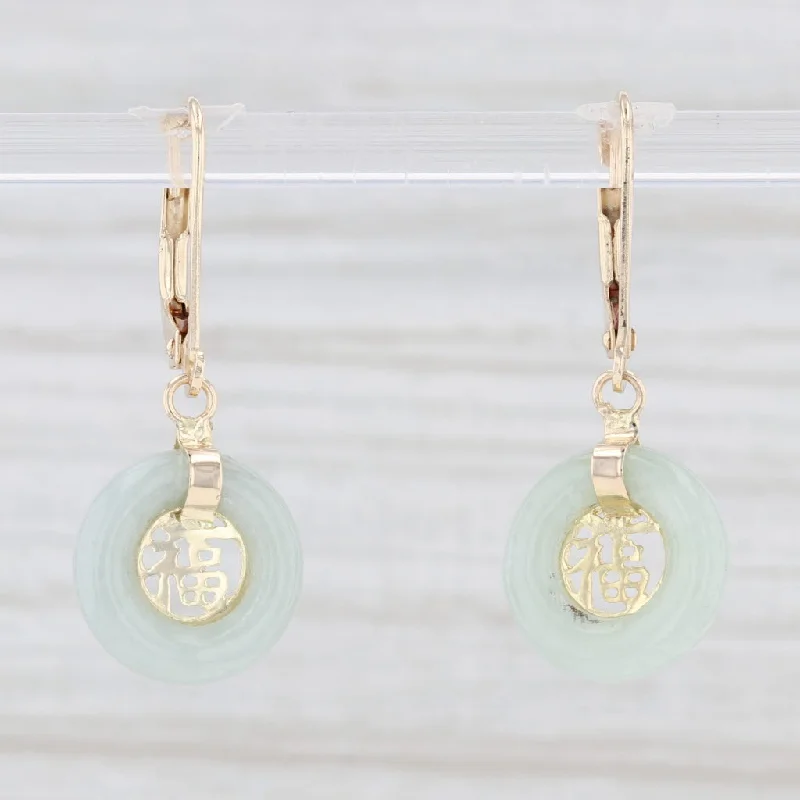 women's earrings with spiral design -Jadeite Jade Tori Earrings 14k Yellow Gold Chinese Character Good Luck Dangles