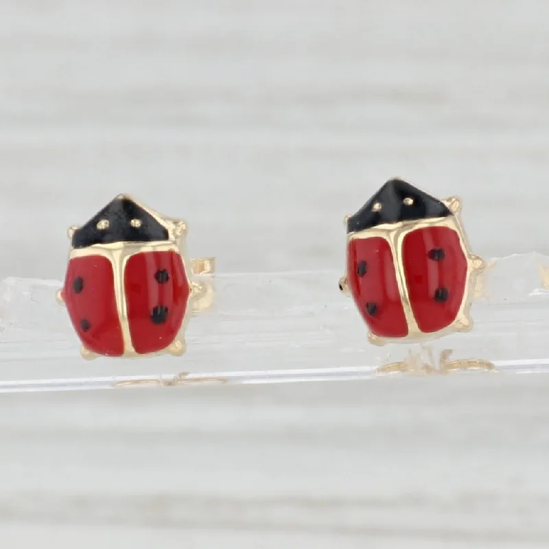 women's earrings with cubic zirconia -Ladybug Stud Earrings 14k Yellow Gold Enamel Insect Bug Jewelry Pierced Studs