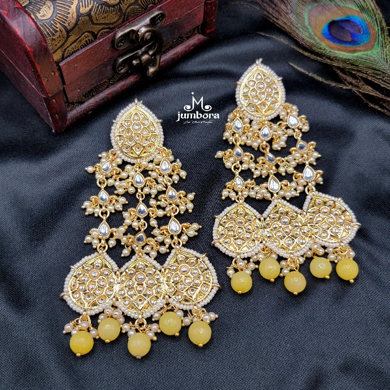 women's earrings with faceted gemstone -Statement Chandelier Long Kundan Earrings with Yellow Bead